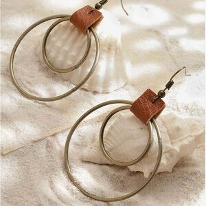 Rust Brown Leather & Antique Gold Double Hoop Earrings